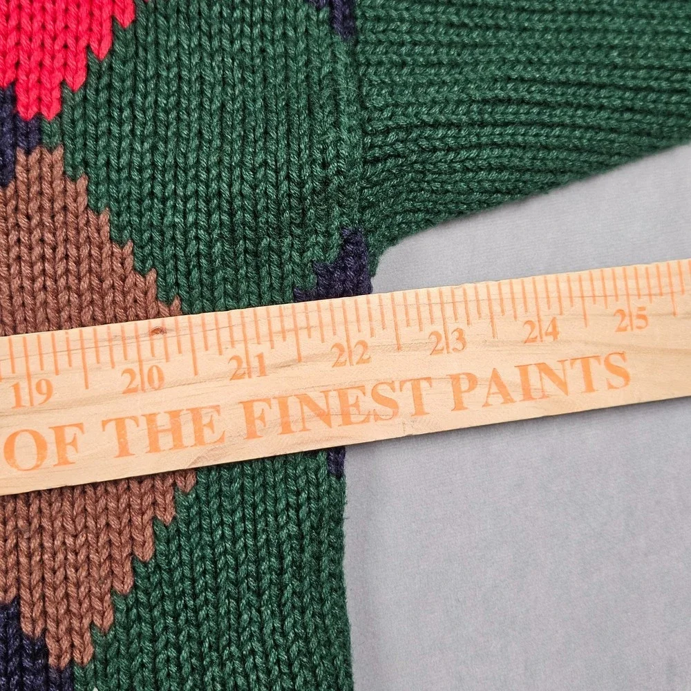 Vintage Cardigan Sweater Women's Medium Green Argyle Chunky Knit Grandma‎ 90s